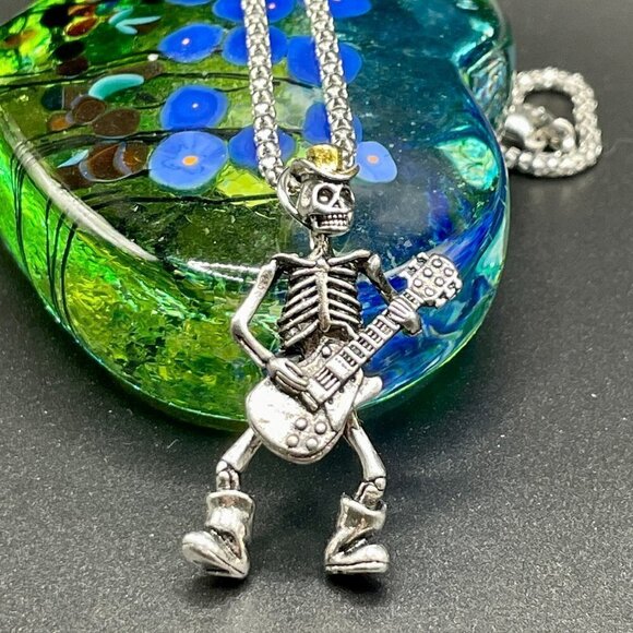 Skeleton Skull Day of the Dead Guitar Rocker Necklace #626 - Picture 2 of 9